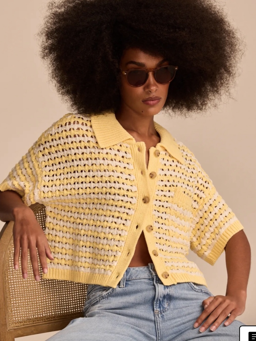 Lucky Brand Short Sleeve Pointelle Polo Button Down Yellow White Stripe XS